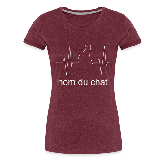 T-shirt Premium Femme rythme coeur chat et son nom - rouge bordeaux chiné